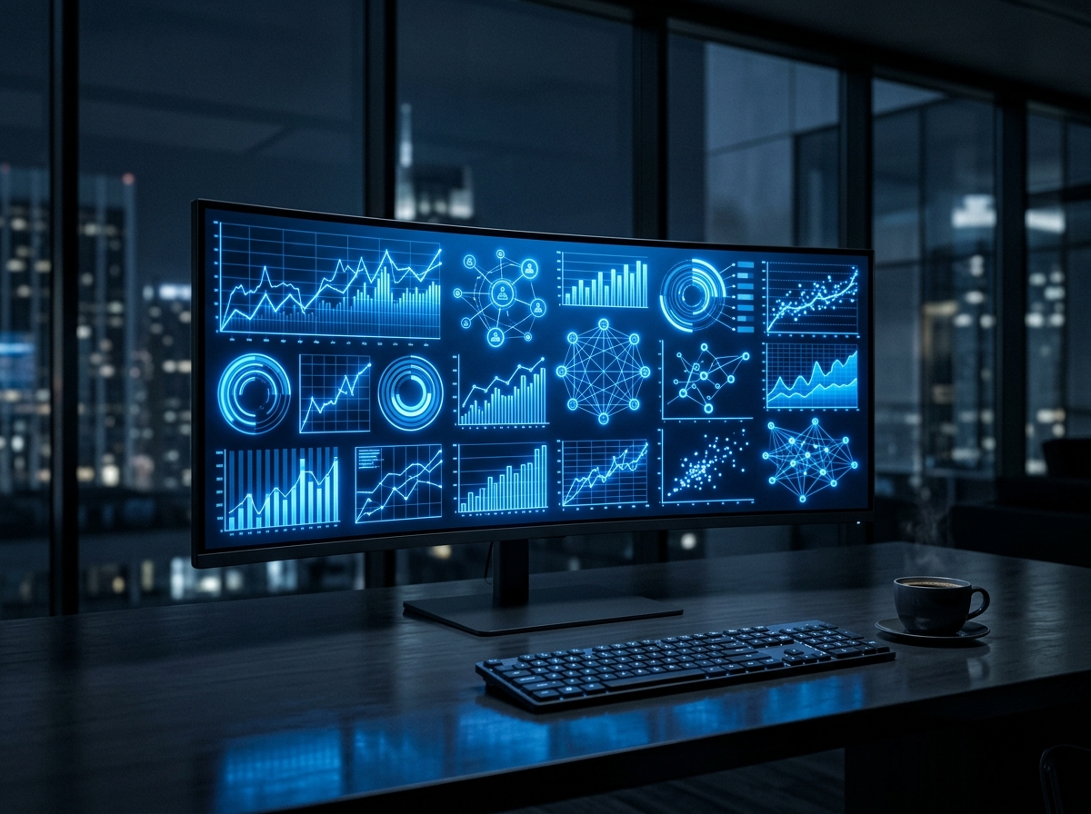 Glowing analytics dashboard on a monitor in a dark office